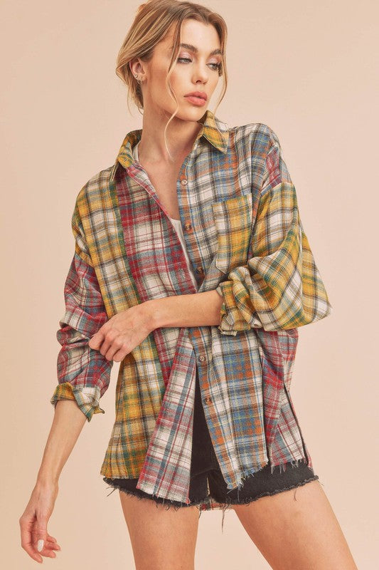 Women's Oversized Flannel Shirt with Patchwork Design