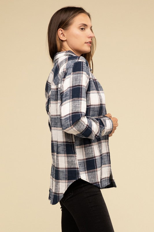 Cotton Plaid Shacket With Front Pocket