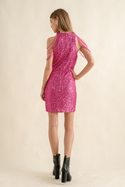 Women's Fitted Sequins Bodycon Party Dress with Beaded Shoulders