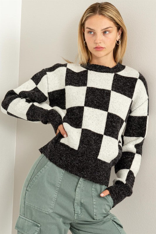 Women's Relaxed Fit Checkered Long Sleeve Sweater