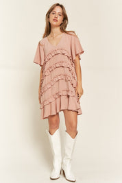 Women's Tiered Ruffle Mini Dress with Flare Sleeves