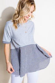 Women's Casual Checker and Solid Mix Tunic Top