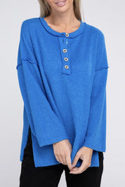 Women's Casual Ribbed Henley Sweater with Bell Sleeves