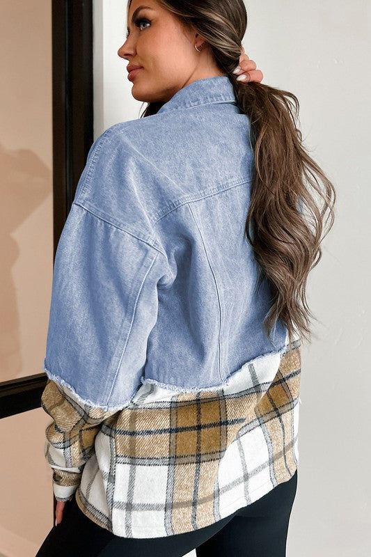 Women's Oversized Plaid Patchwork Denim Jacket