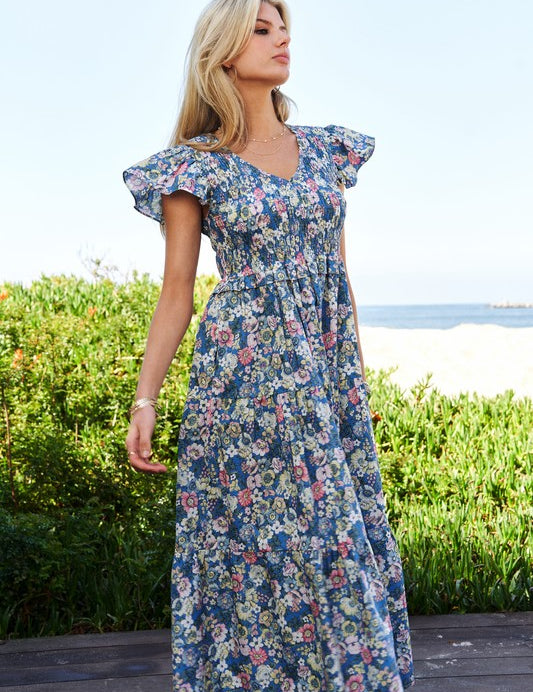 Vintage Garden Floral Flutter Smocking Midi Dress