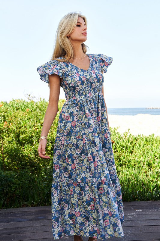 Women's Vintage Floral Flutter Smocking Midi Dress