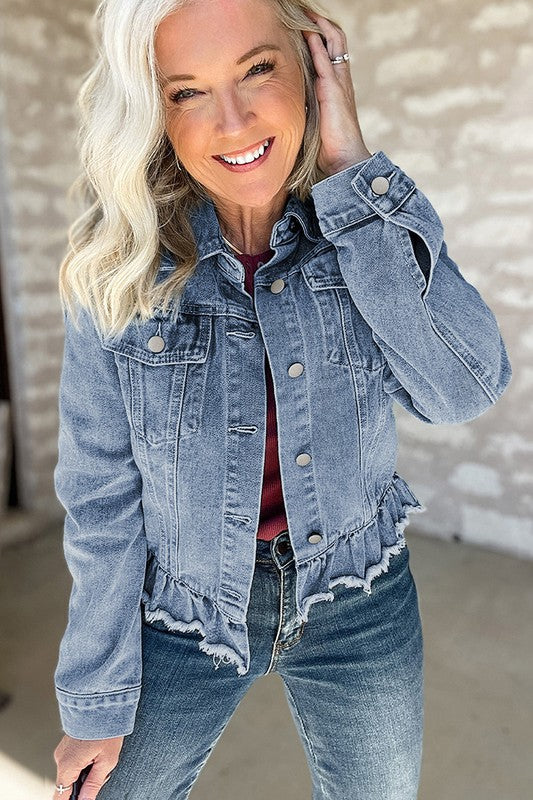 Women's Ruffle Denim Jacket with Raw Hem and Flap Pockets