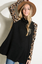 Women's Brushed Hacci Cheetah Print and Solid Mixed Turtle Neck Tunic Top