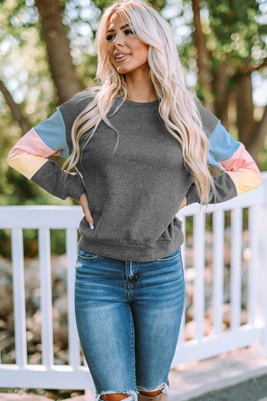 Women's Gray Colorblock Long Sleeve Pullover Sweatshirt