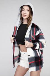 Women's Casual Hooded Plaid Fleece Shacket