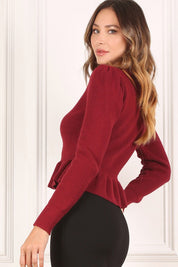 Women's Puff Sleeve Peplum Sweater Top