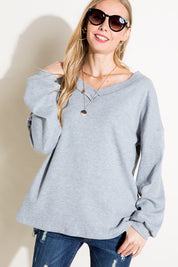 Women's Solid Waffle V Neck High Low Boxy Top