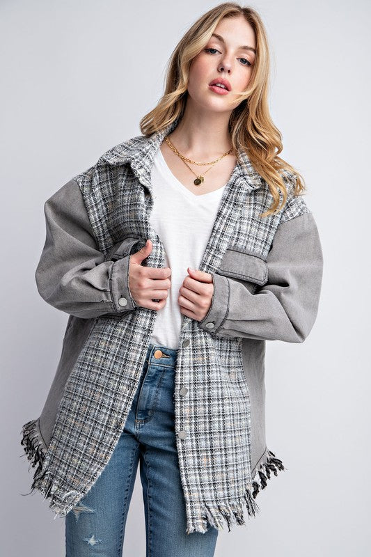 Women's Oversized Tweed Denim Shacket with Fringed Hem