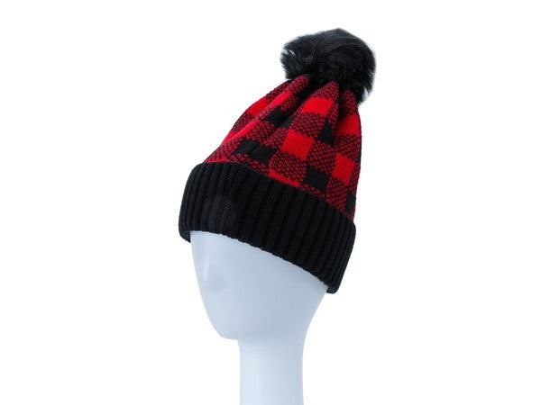 Unisex Slouchy Checkered Pom Pom Beanie