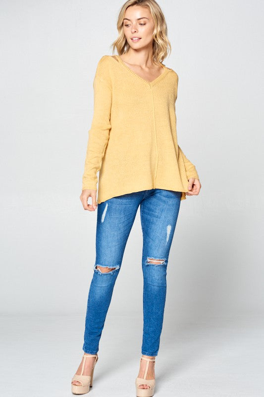 Women's Casual Loose Fit V Neck Cold Shoulder Sweater