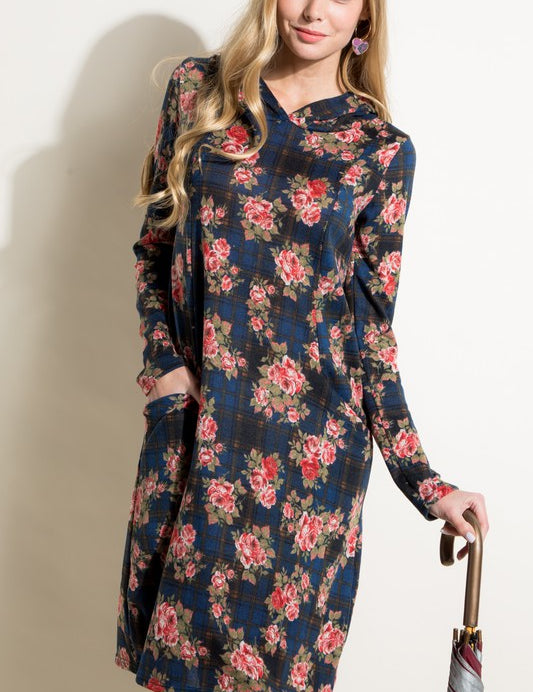 Women's Relaxed Fit Floral and Plaid Print Mini Dress