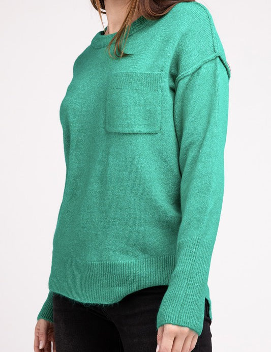 Melange Hi-Low Hem Round Neck Sweater