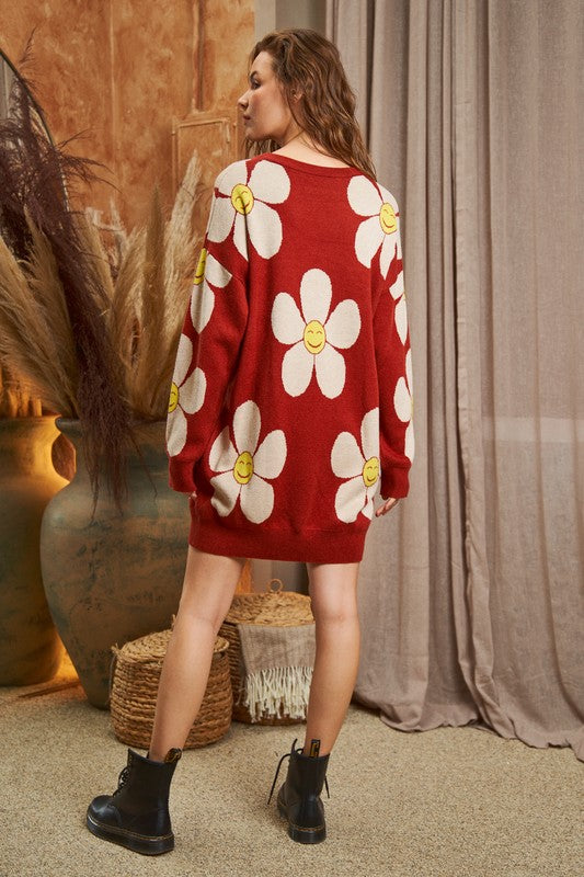 Women's Happy Face Floral Print Knit Sweater Dress