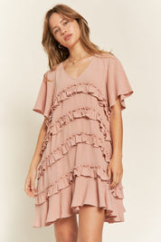 Women's Tiered Ruffle Mini Dress with Flare Sleeves