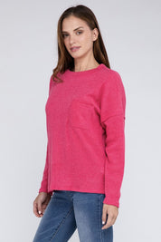 Women's Oversized Ribbed Melange Hacci Sweater with Pocket