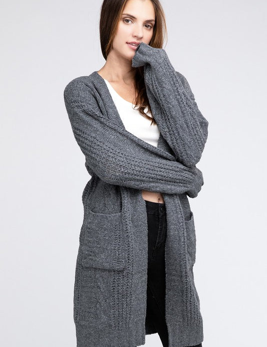 Twist Knitted Open Front Cardigan With Pockets