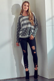 Women's Boxy Fit Polka Dot Stripe Mix Hoodie Sweatshirt