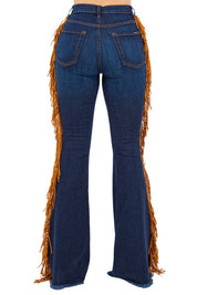 Women's High Rise Fringe Bell Bottom Jeans in Dark Blue