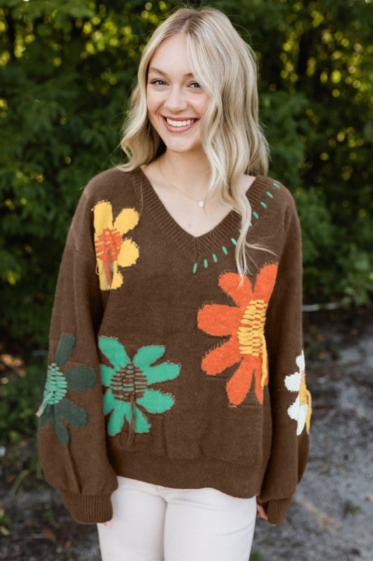 Women's Floral V-Neck Drop Shoulder Sweater