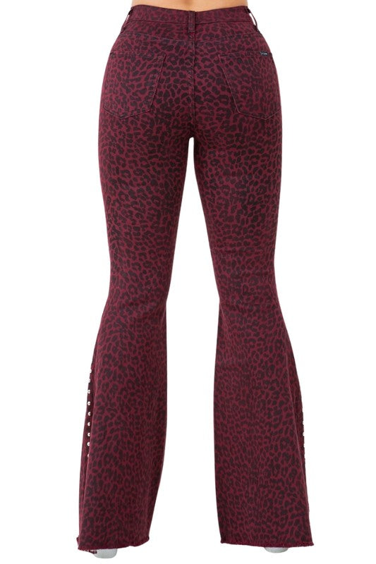 Women's Burgundy Leopard Print Studded Bell Bottom Jeans