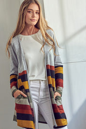 Women's Open Front Brushed Stripe Cardigan with Pockets