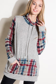 Women's Casual Plaid Mixed Turtle Neck Sweatshirt