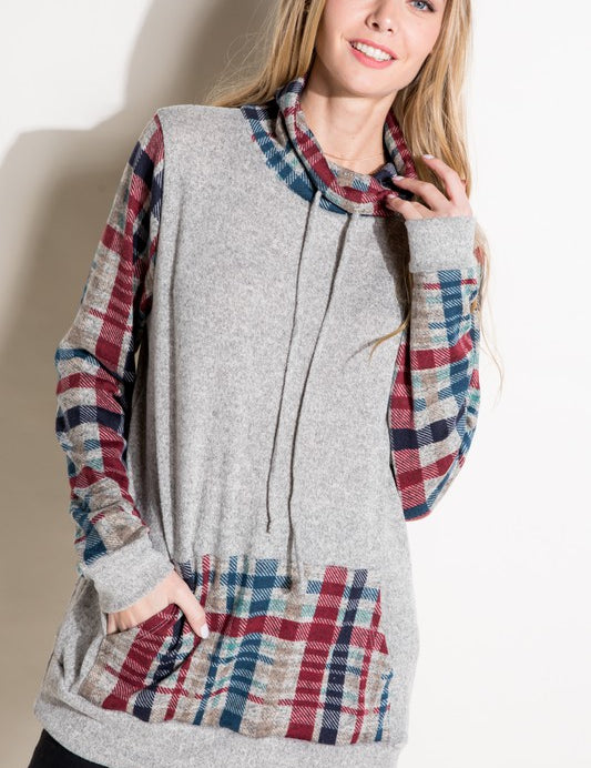 Women's Casual Plaid Mixed Turtle Neck Sweatshirt