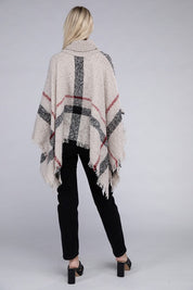 Women's Stretch Plaid Turtleneck Knit Poncho