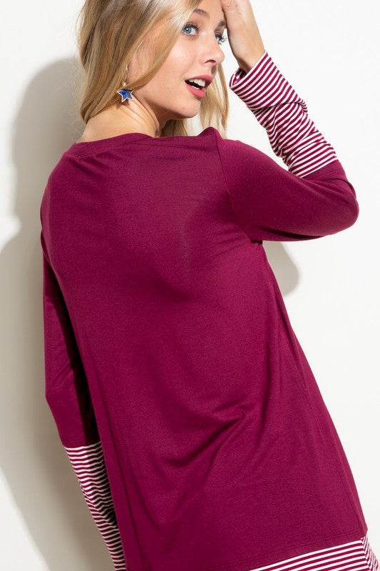 Plus Size Casual Pin Stripe Mixed Long Sleeve Top