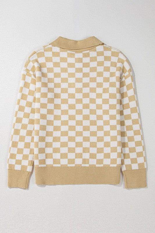 Checkered Buttons V Neck Drop Shoulder Sweater