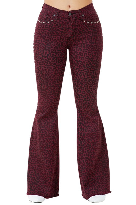 Women's Burgundy Leopard Print Studded Bell Bottom Jeans