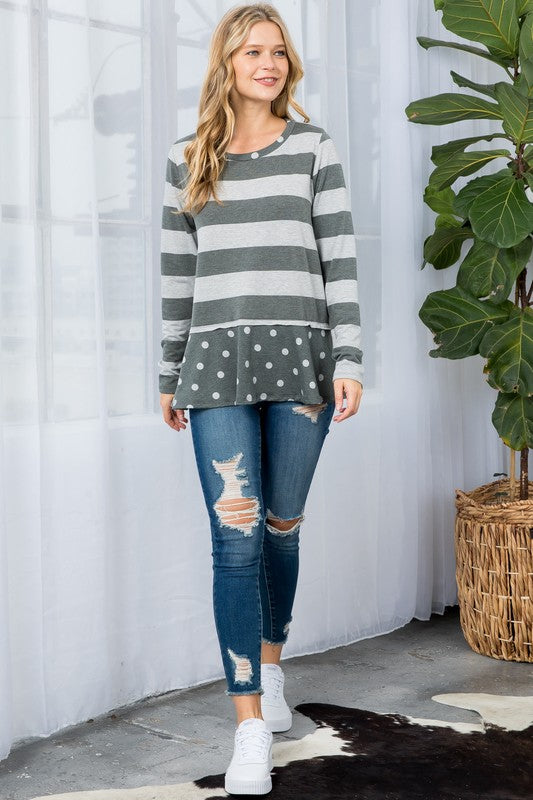 Women's Casual Loose Fit Polka Dot Stripe Tunic Top