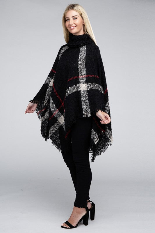 Women's Stretch Plaid Turtleneck Knit Poncho