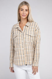 Women's Plaid Tweed Shacket with Drop Shoulder Sleeves