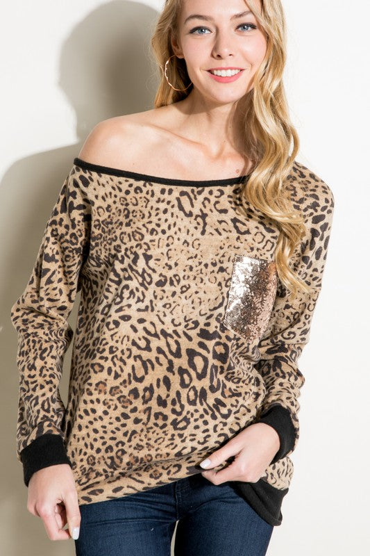 Women's Animal Print and Solid Mixed One Shoulder Long Sleeve Boxy Top