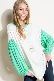 Women's Loose Fit Color Block Puff Sleeve Top