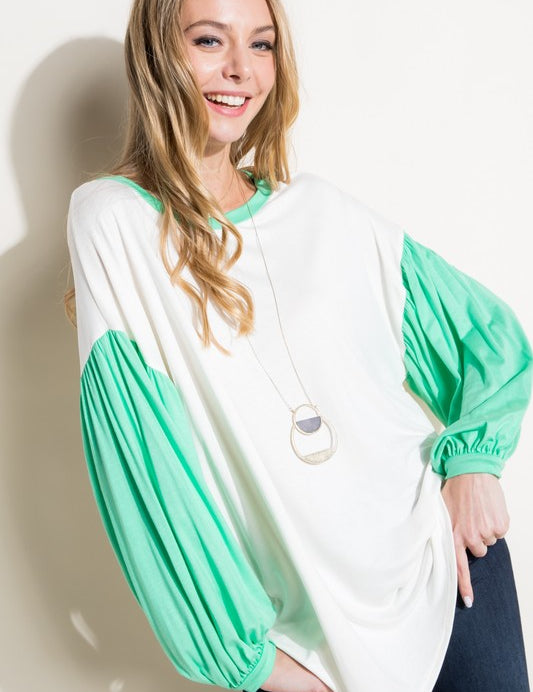 Women's Loose Fit Color Block Puff Sleeve Top