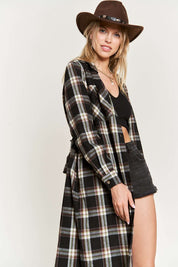 Women's Belted Plaid Print Long Shirt Dress