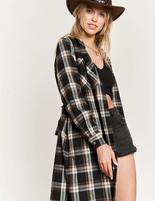 Women's Belted Plaid Print Long Shirt Dress