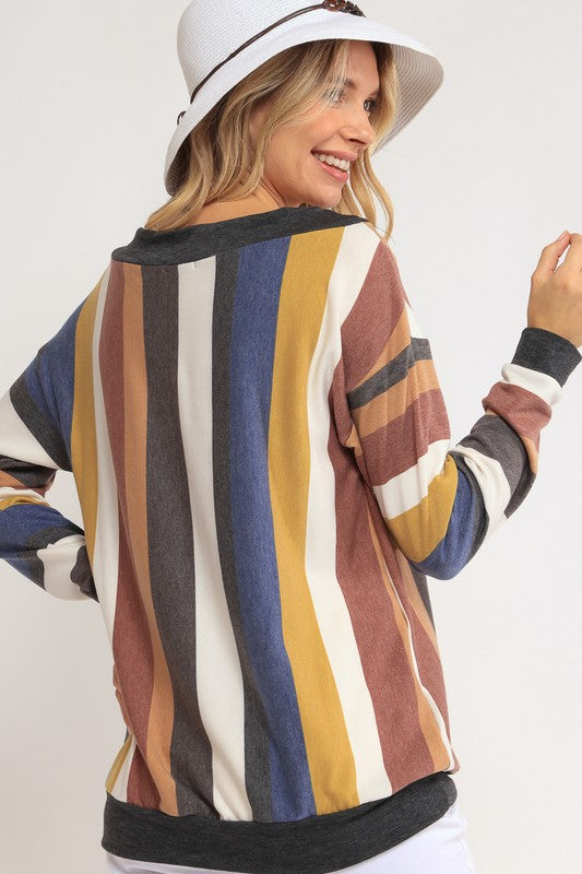 Women's Loose Fit Wide V Neck Stripe Sweatshirt