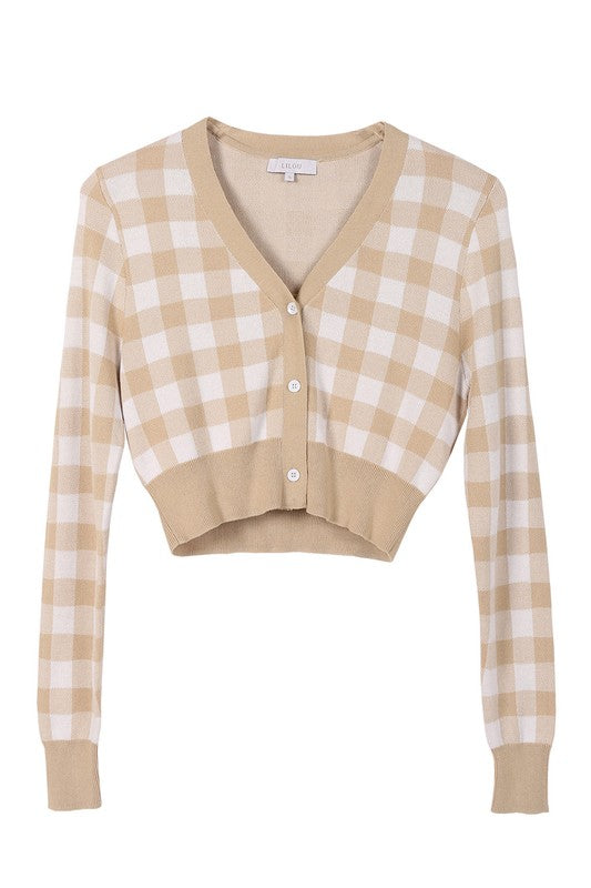 Women's Relaxed Fit Gingham Pattern Long Sleeve Cardigan