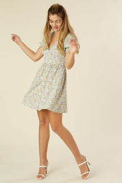 Women's Floral V Neck Puff Sleeve Dress