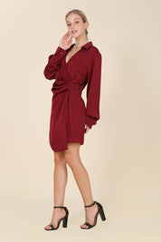 Women's Satin Collared Wrap Mini Dress in Wine and Sage