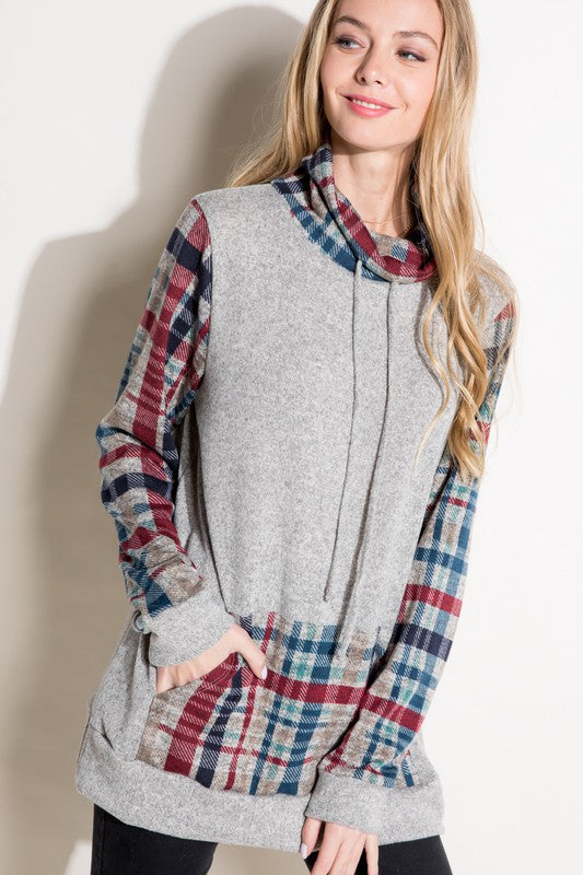 Women's Casual Plaid Mixed Turtle Neck Sweatshirt