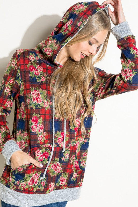 Women's Casual Plaid Floral Mix Hoodie Sweatshirt